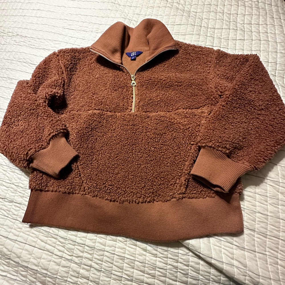 JoyLab Womens Sherpa Quarter‎ Zip Pullover Rust Brown Faux Fur Fleece Jacket S